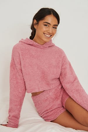 Old Pink Cropped Knitted Teddy Hoodie