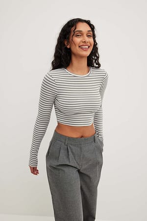 Grey/White Cropped Long Sleeved Striped Top