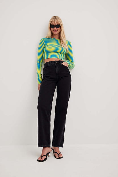 Lime/Turquoise Cropped Long Sleeved Striped Top