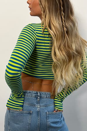 Lime/Turquoise Cropped Long Sleeved Striped Top