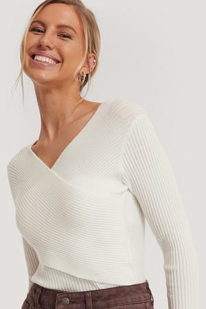 White Cropped Overlap Knitted Sweater