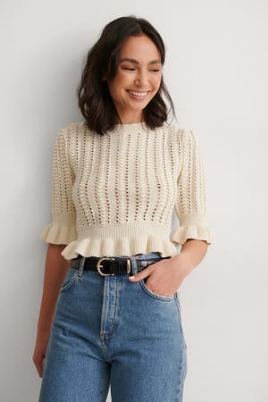 Light Beige Organic Cropped Pattern Knitted Sweater