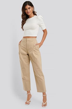 Beige NA-KD Trend Cropped Pleated Tapered Pants