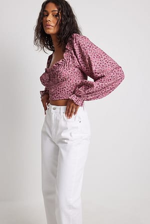 Mauve Floral Cropped blouse met lange mouwen en print