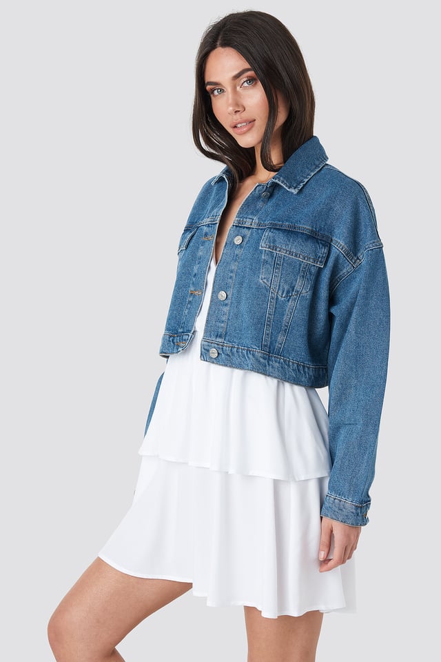 Cropped Regular Hem Denim jacket Mid Blue
