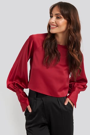 Red Cropped Satin Balloon Sleeve Blouse