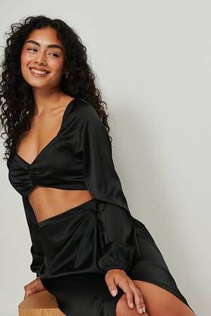 Black NA-KD Party Recycled Cropped Satin LS Blouse