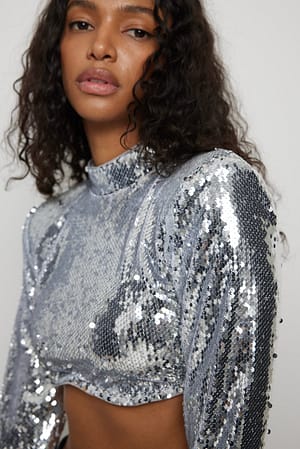 Silver Cropped Shoulder Padded Sequin  Top