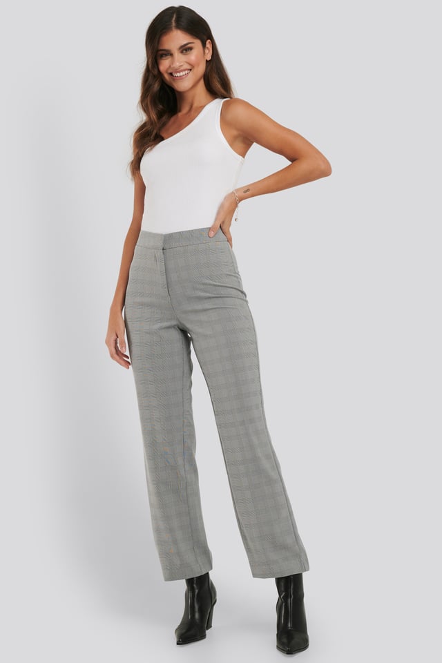 Cropped Straight Suit Check Pants Grey