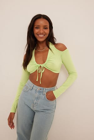 Light Green Cropped Tie Detail Long Sleeve Top