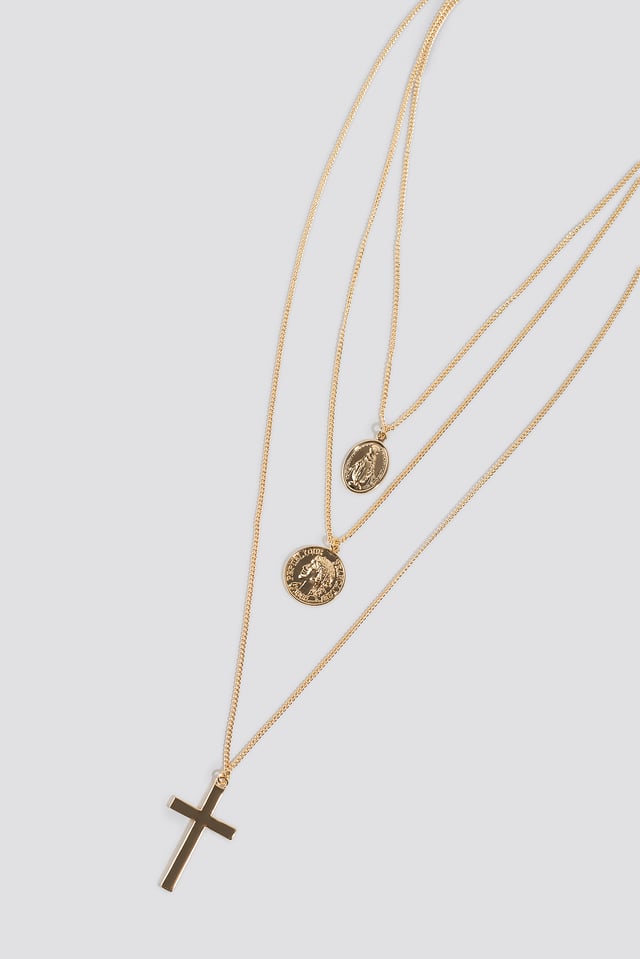 Cross Coin Triple Necklace Gold