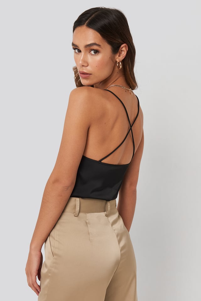 Crossed Back Satin Singlet Black