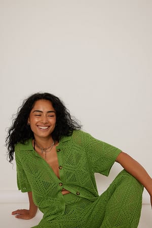 Green Crochet Knit Short Sleeve Shirt