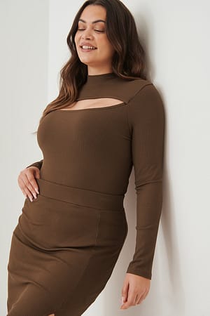 Brown Cut Out Chest Rib Top