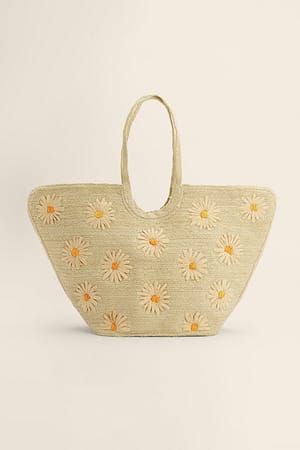 Natural Daisy Embroidered Beach Bag