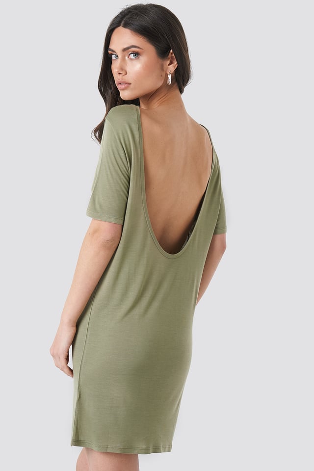 Deep Back Viscose Dress Light Khaki