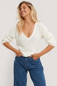 White Deep Front V-neck Knitted Sweater
