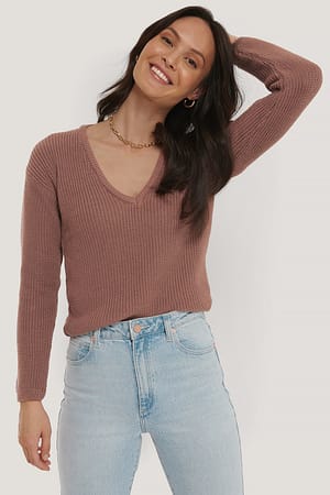 Dusty Dark Pink NA-KD Deep Front V-neck Knitted Sweater