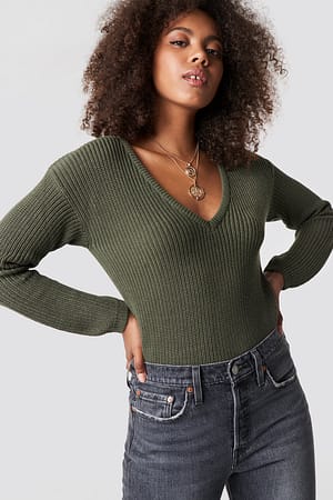 Khaki Green NA-KD Deep Front V-neck Knitted Sweater