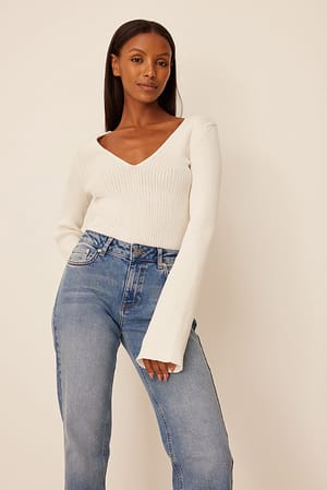 Off White Deep Neck Ribbed Knitted Top