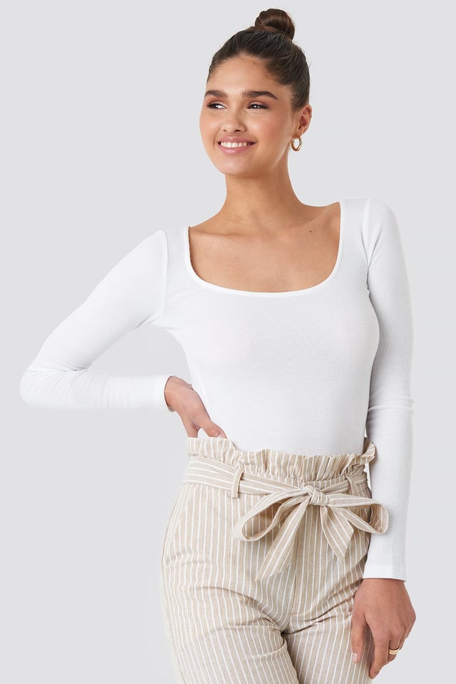 Deep Round Neck Ribbed Top Offwhite
