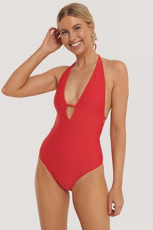 Red Deep V-Cut Swimsuit