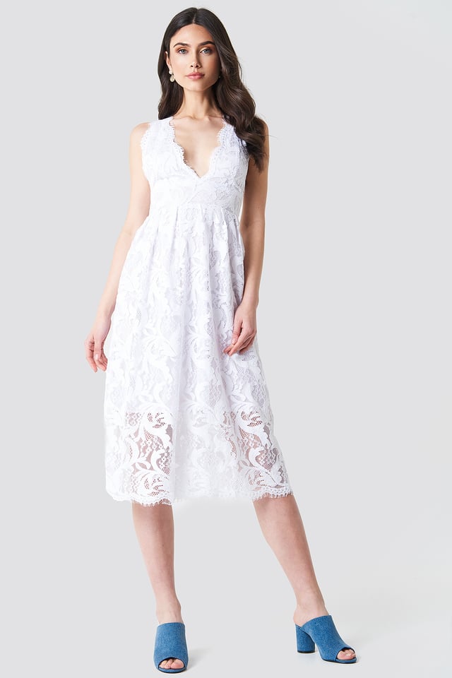 Deep V Midi Lace Dress White