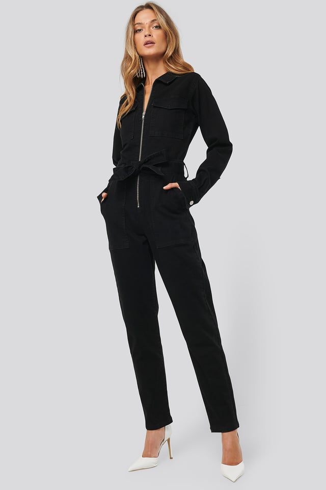 Denim Belted Jumpsuit Black