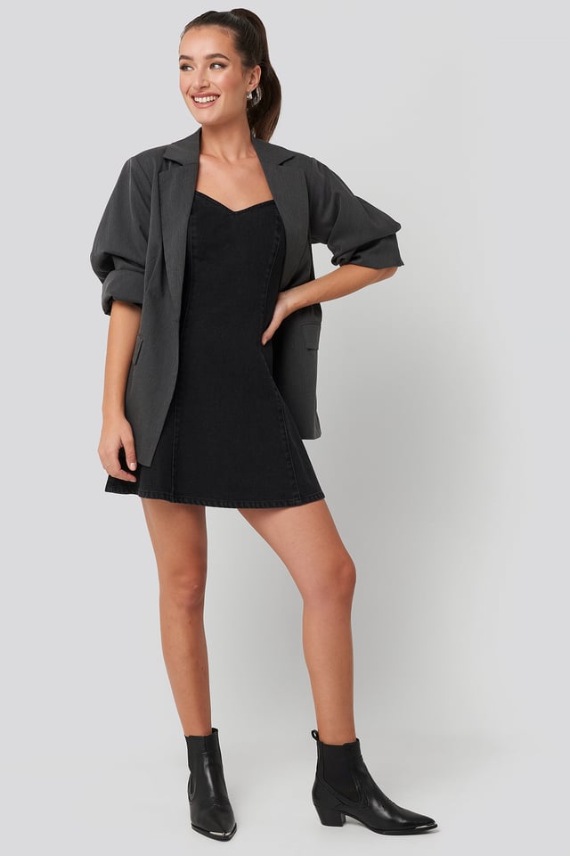 Denim Sweetheart Neck Skater Dress Black