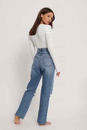 Destroyed Detail High Waist Straight Jeans Blue | NA-KD
