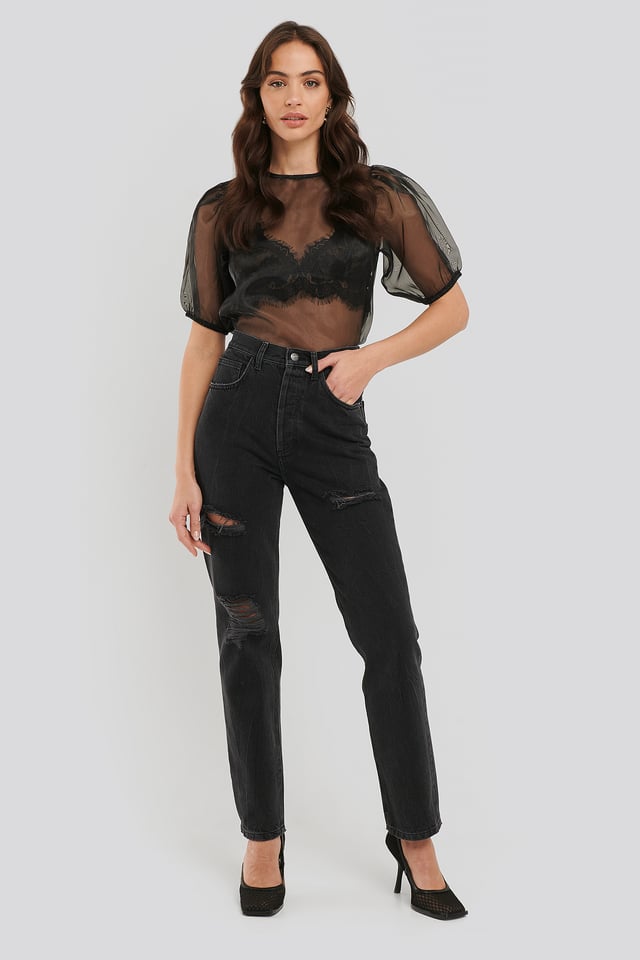 Distressed High Waist Straight Jeans Black