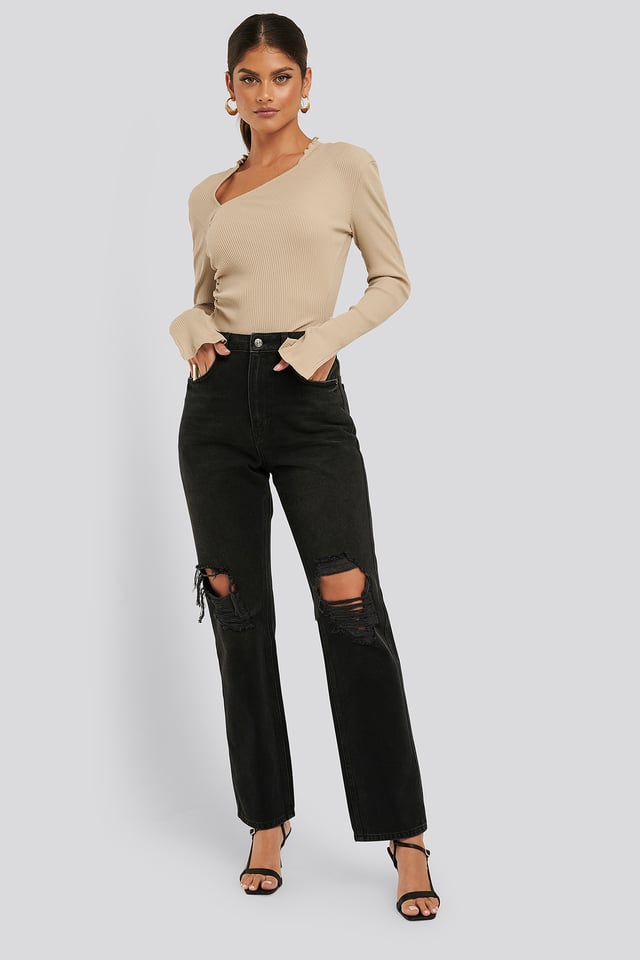 Distressed Straight Fit Jeans Washed Black
