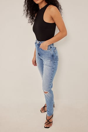 Blue Distressed Straight Fit Jeans