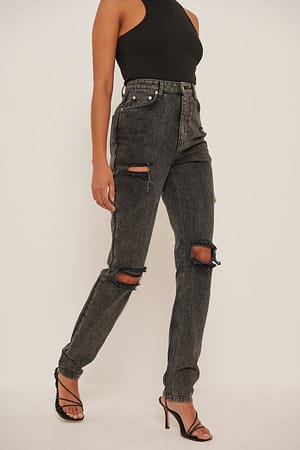 Hullede jeans med lige pasform og høj Grå | NA-KD