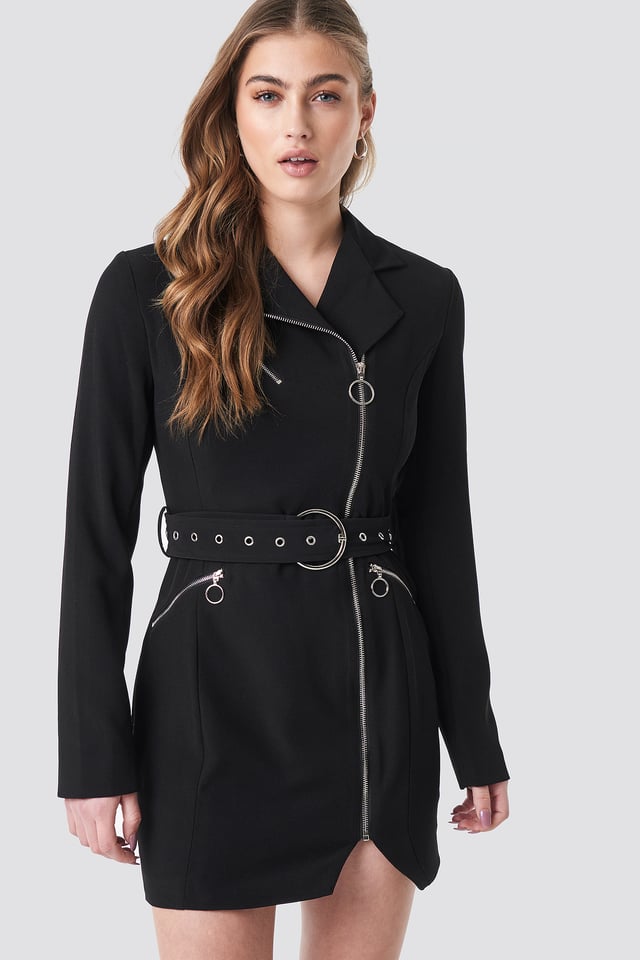 Belted Zip Detail Blazer Dress Black