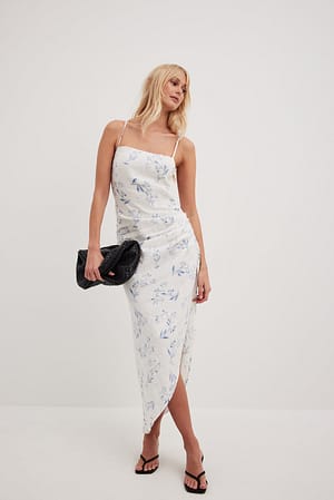 Blue/Paisly Print Draped Linen Dress