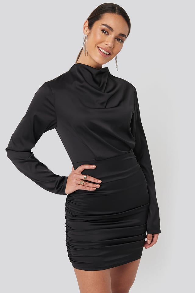 Draped Satin Mini Dress Black