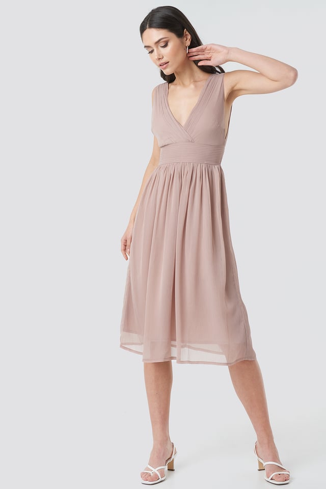 Draped Waist V-Neck Chiffon Dress Powder Pink