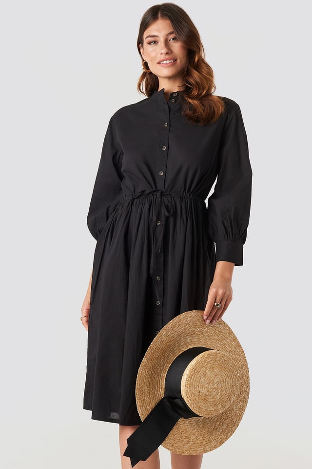 Drawstring Buttoned Shirt Dress Black