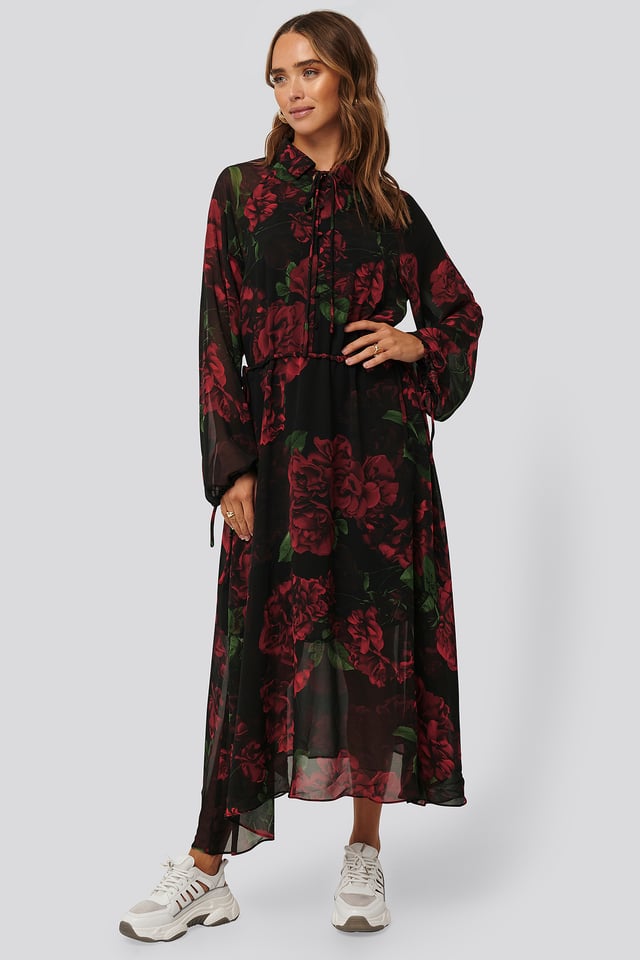 Drawstring Chiffon Midi Dress Flower Comb