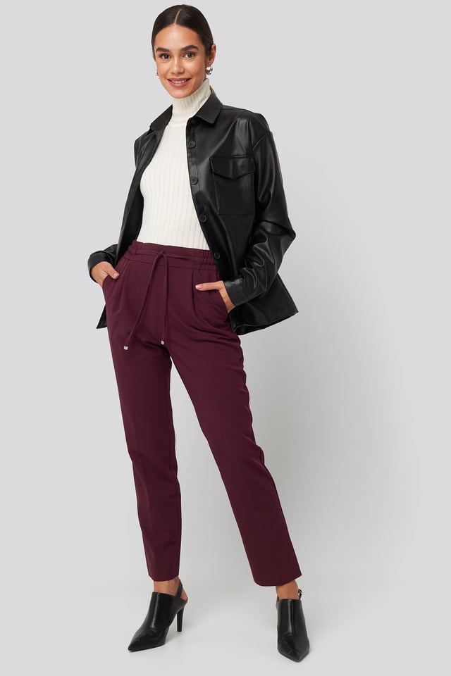 Drawstring Front Pleat Pants Burgundy