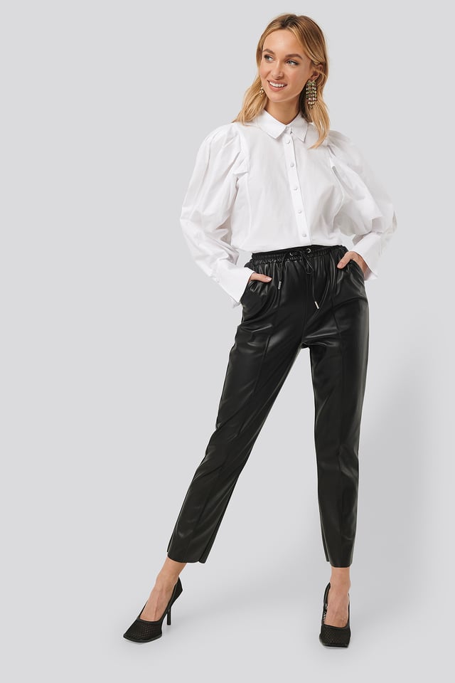 Drawstring PU Seam Detail Pants Black