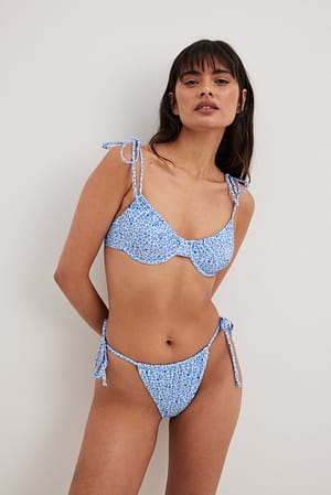Blue Flower Print Drawstring Tie High Cut Bikini Panty
