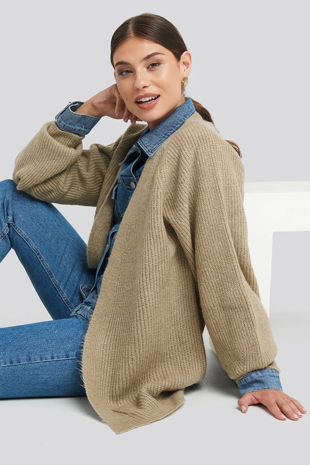 Dropped Shoulder Knitted Cardigan Beige