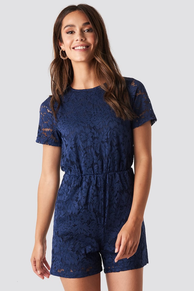 Elastic Waist Lace Playsuit Navy Blue