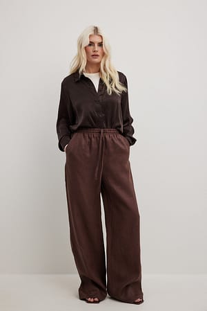 Brown Elastic Waist Linen Trousers