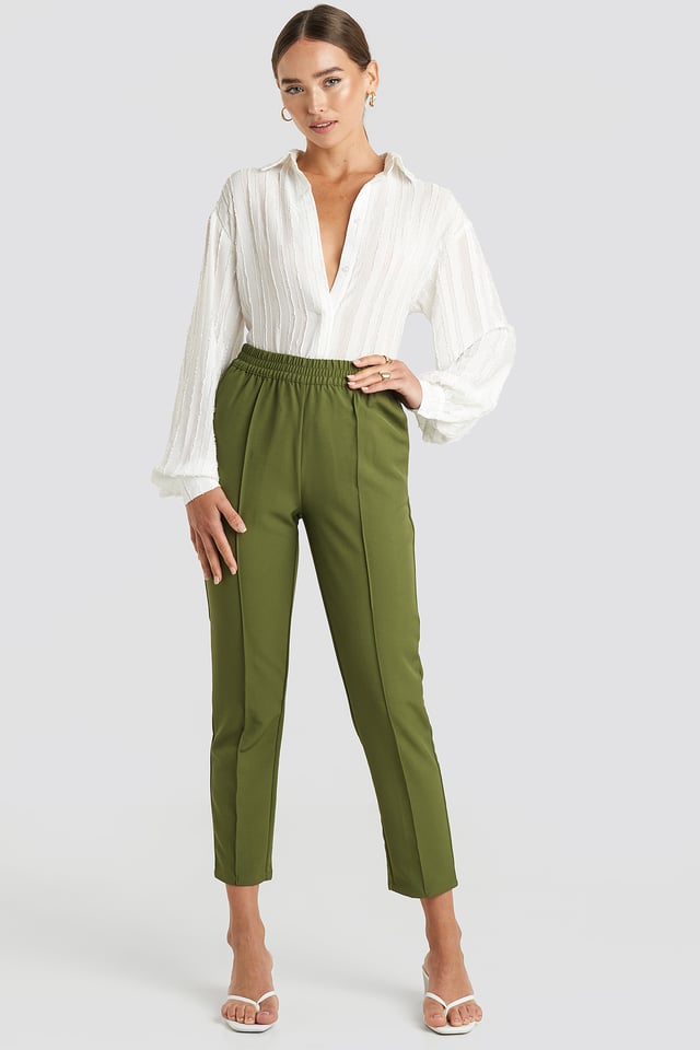 Elastic Waist Seamline Pants Khaki Green