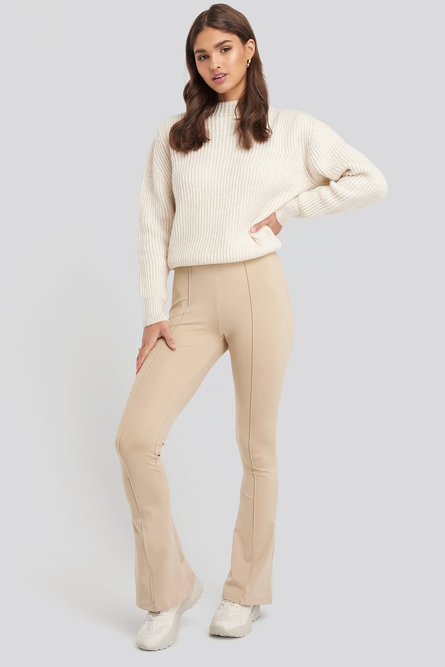 Exposed Seam Flare Leggings Beige