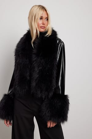 Black NA-KD Trend Faux Fur Detailed Cropped Jacket