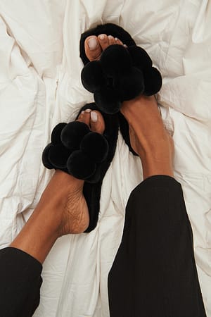 Black Faux Fur Detail Slippers